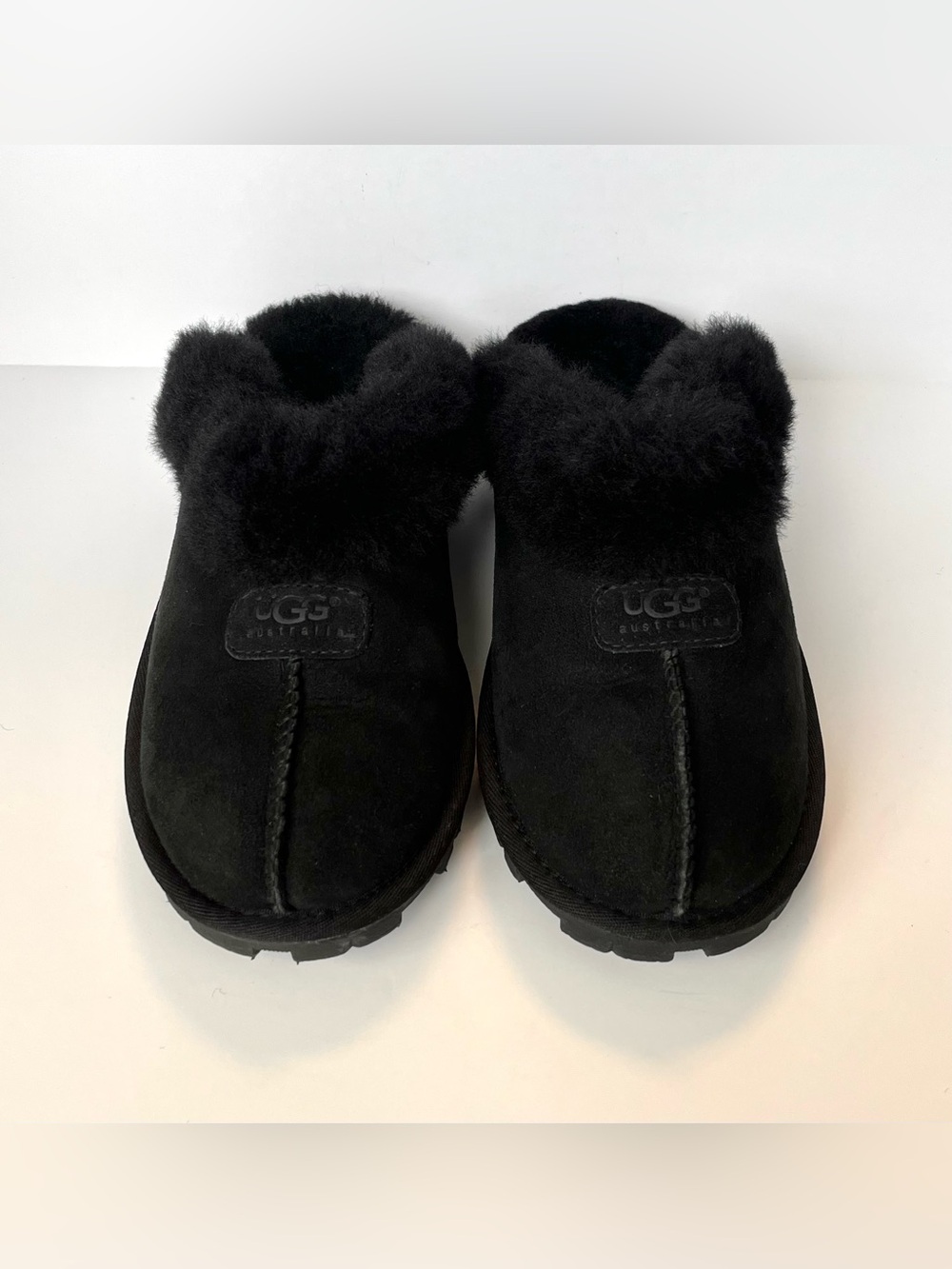 UGG Australia Coquette Shearling Collar Plush Slippers Black Women’s Size 7 - Picture 2 of 9